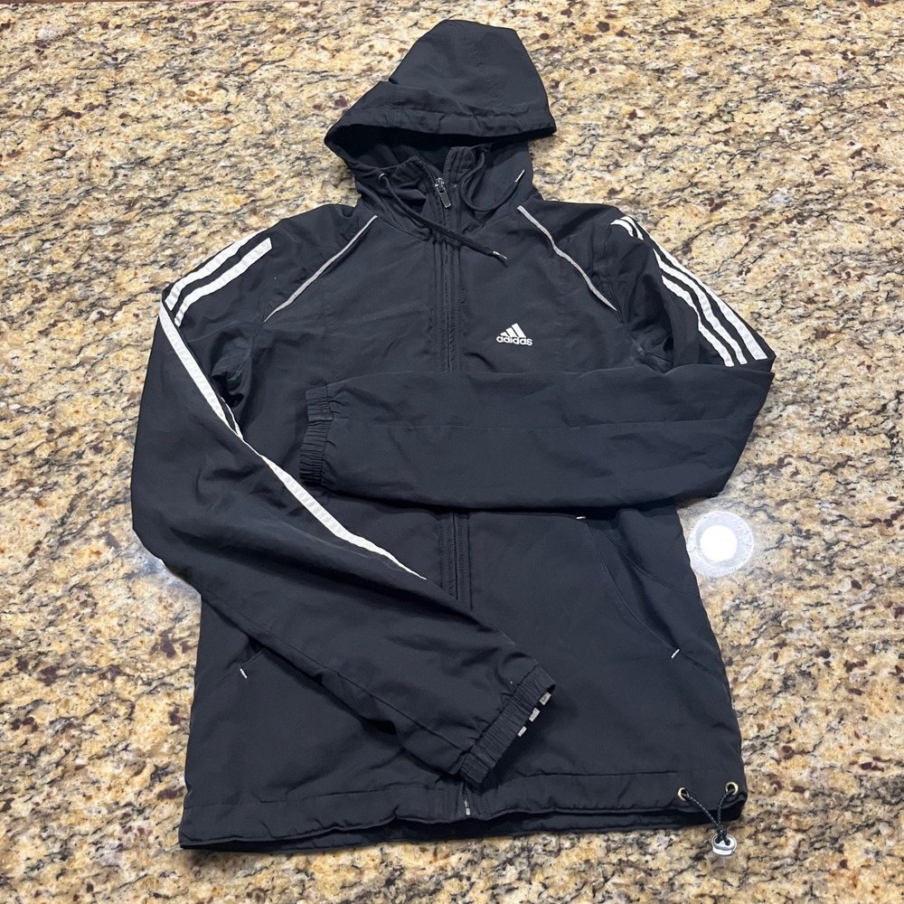 Adidas Womens Black Windbreaker Hooded Full Zip Jacket 3 Stripe XS